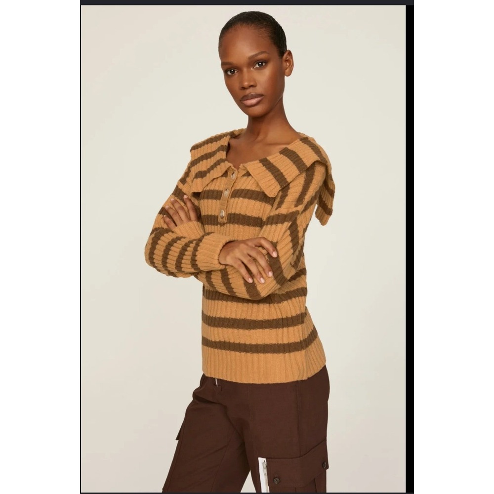 Line and Dot Amber Sweater Brown Tan Striped Sailor Collar Henley LT4285W Medium